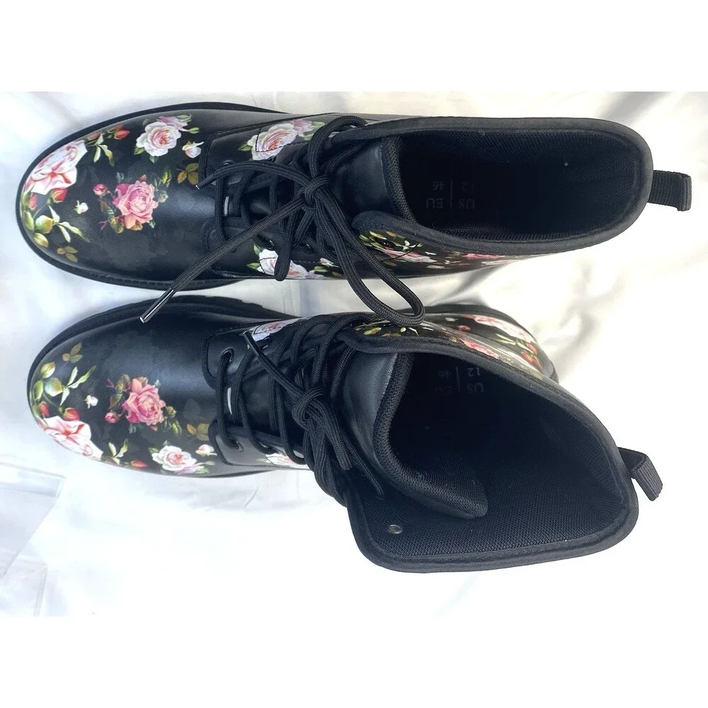 Unbranded Men's US 12 EU 46 Black Floral Design Ankle Combat Boots Lace-Up New